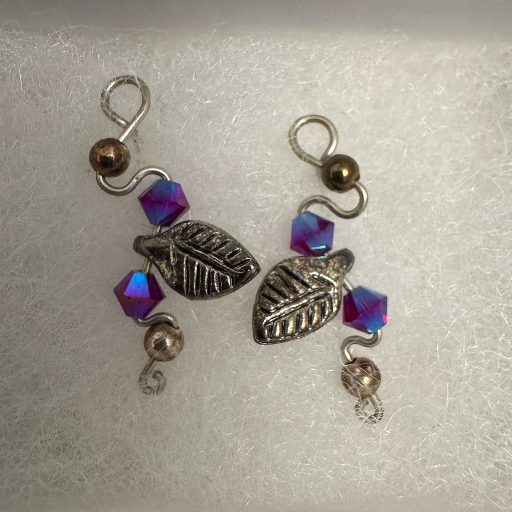 Pretty Silver and Purple Leaf Climbing Earrings